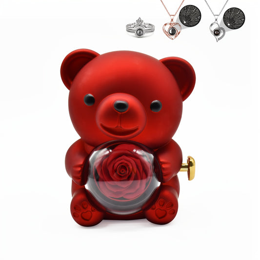 Teddy JewelBox™ – Obrotowa Szkatułka z Wieczną Różą i Naszyjnikiem